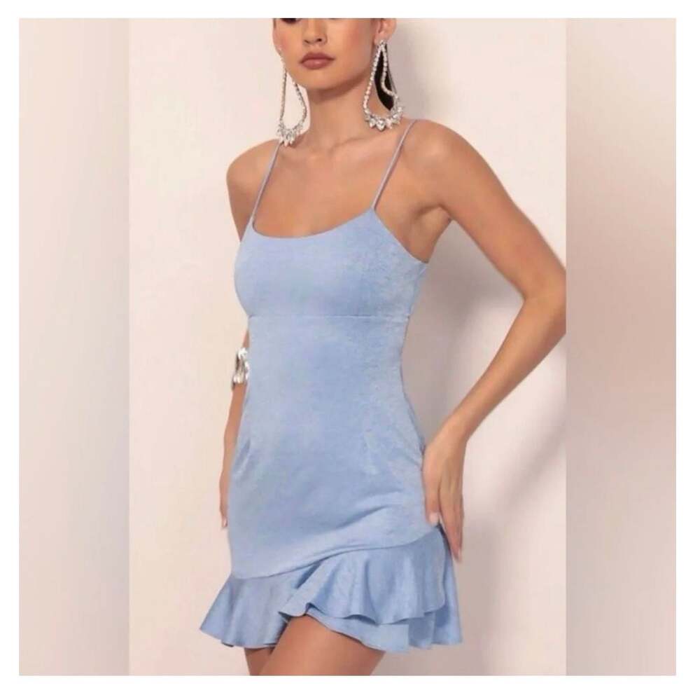Lucy in the Sky Lindy Side Ruffle Mini Dress in Heathered Blue
